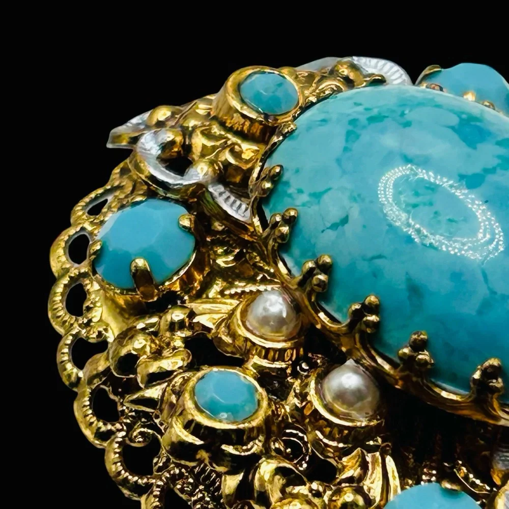 Exquisite W. Germany Blue Glass Brooch and Earring Set